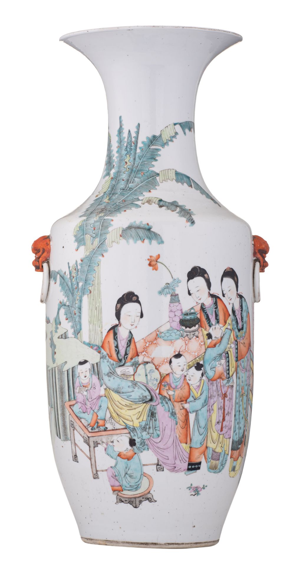 A Chinese polychrome vase, decorated with ladies and children in a garden and calligraphic texts, 19