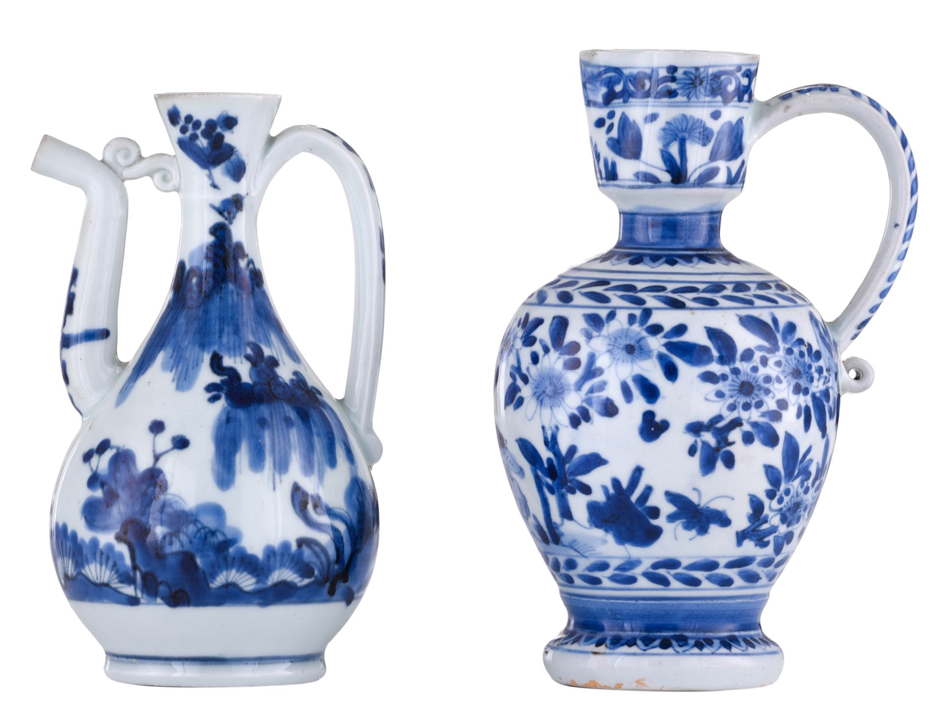 A lot of one Japanese Arita blue and white jug and one ditto ewer, Edo and period, H 18,5 - 20 cm