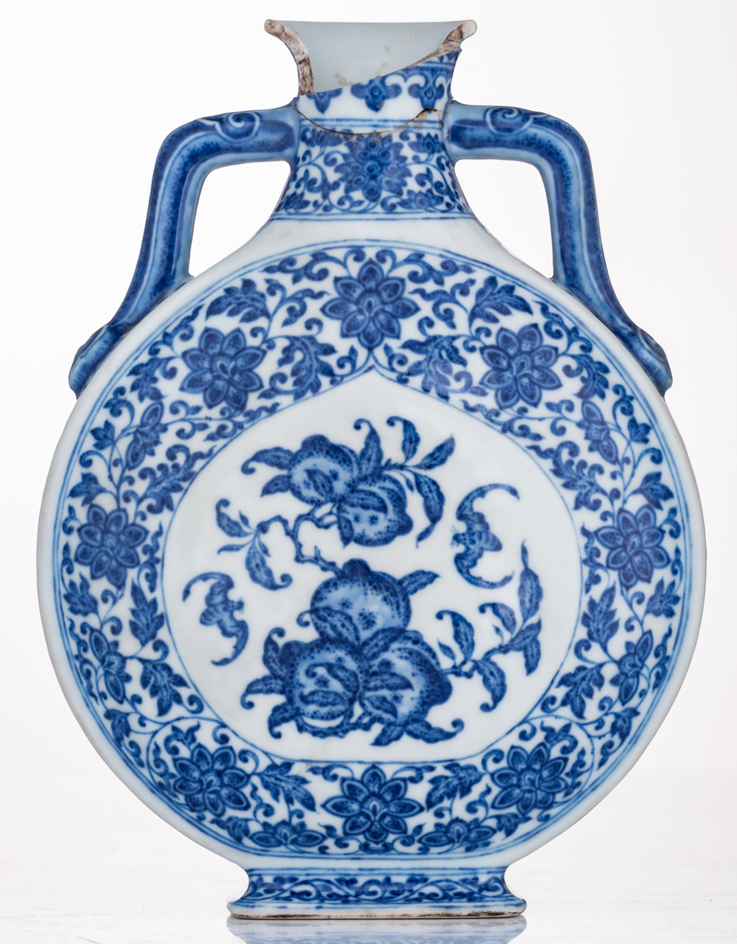 A Chinese blue and white moon flask, decorated with bats and scrolling lotus, the medallion with pea - Image 3 of 6