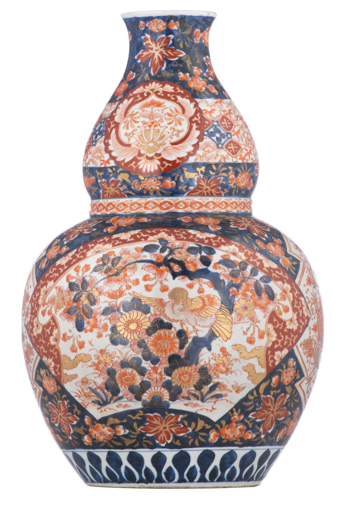 A Japanese Imari double gourd vase, decorated with birds on a flower branch, 19thC, H 46,5 cm