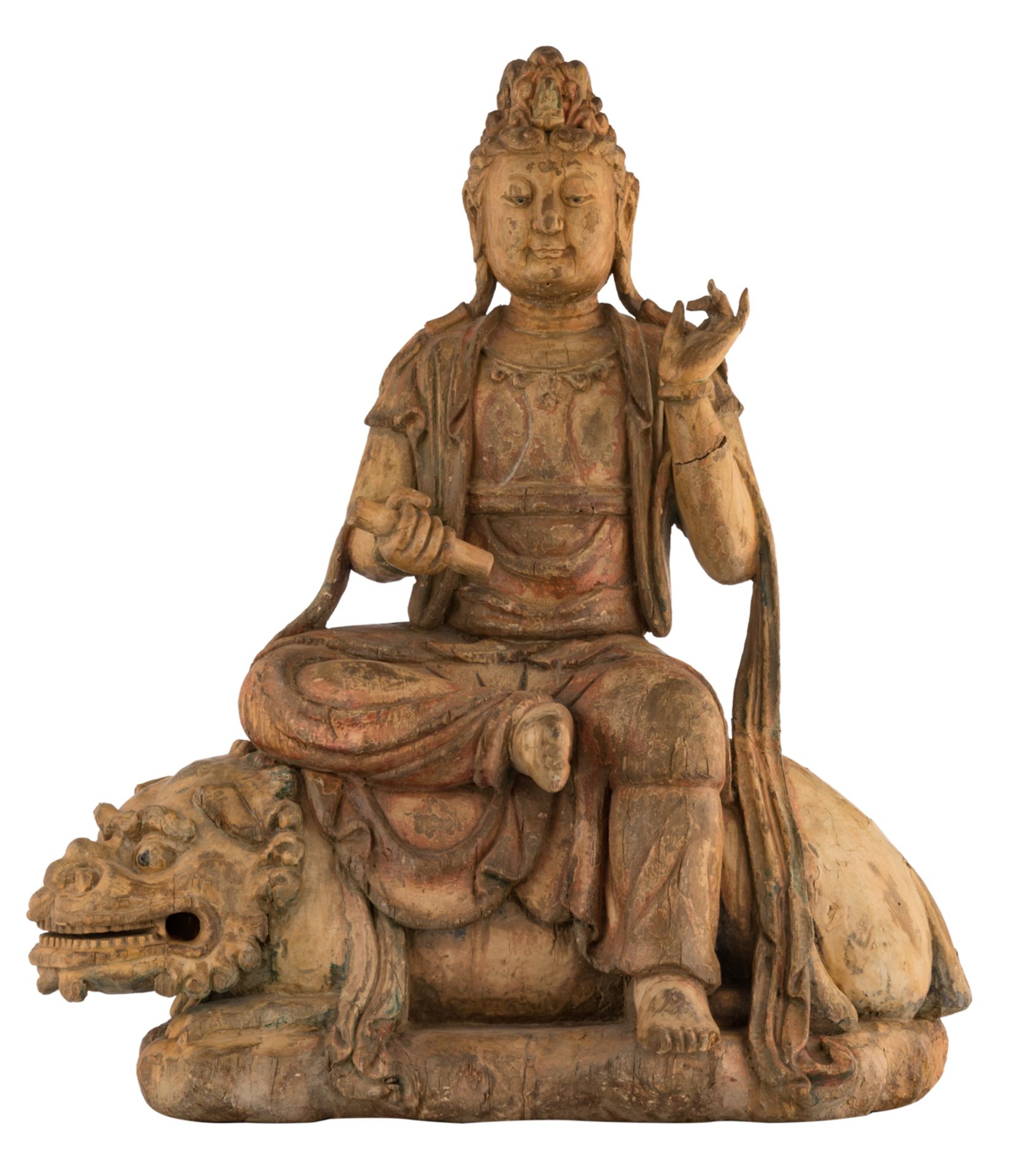 Two wooden sculptures representing Puxian Pusa on his mount and Wenshu Pusa on a lion, 16th - 17thC, - Bild 8 aus 12