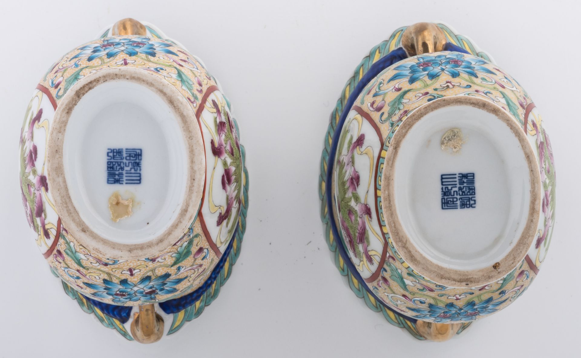 A pair of Chinese porcelain vases with polychrome enamels, decorated with flower scrolls and panels - Image 6 of 6