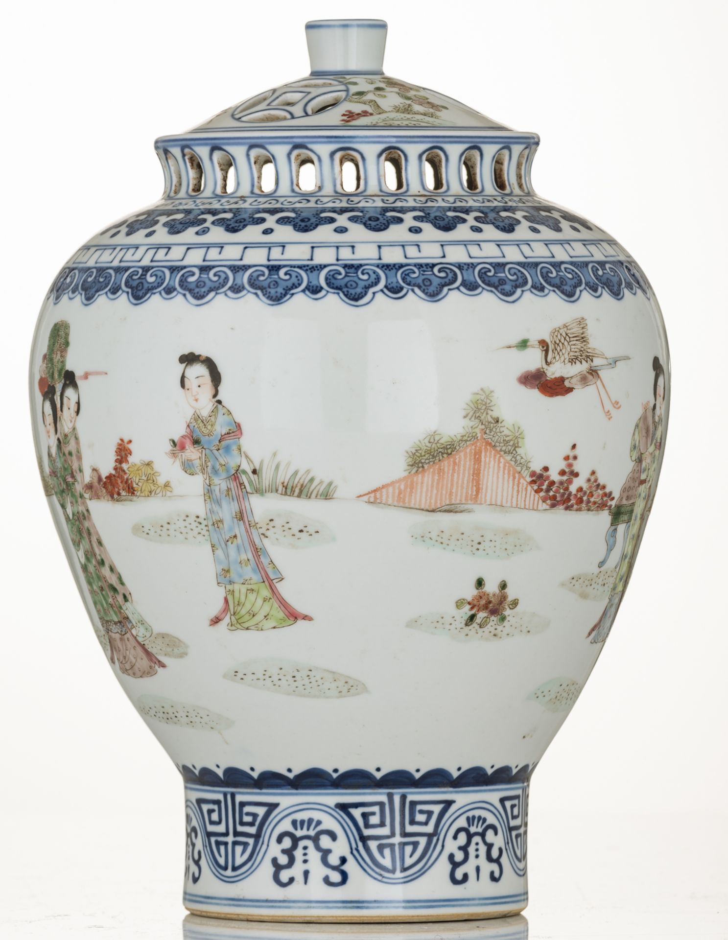 A Chinese blue and white and famille rose incense burner, decorated with a gallant garden scene, wit - Image 3 of 8