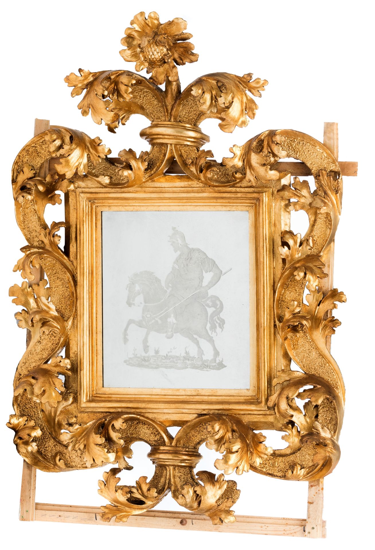 An impressive Italian Baroque mirror with a richly sculpted gilt wooden frame, the mirror with a cut - Image 2 of 3