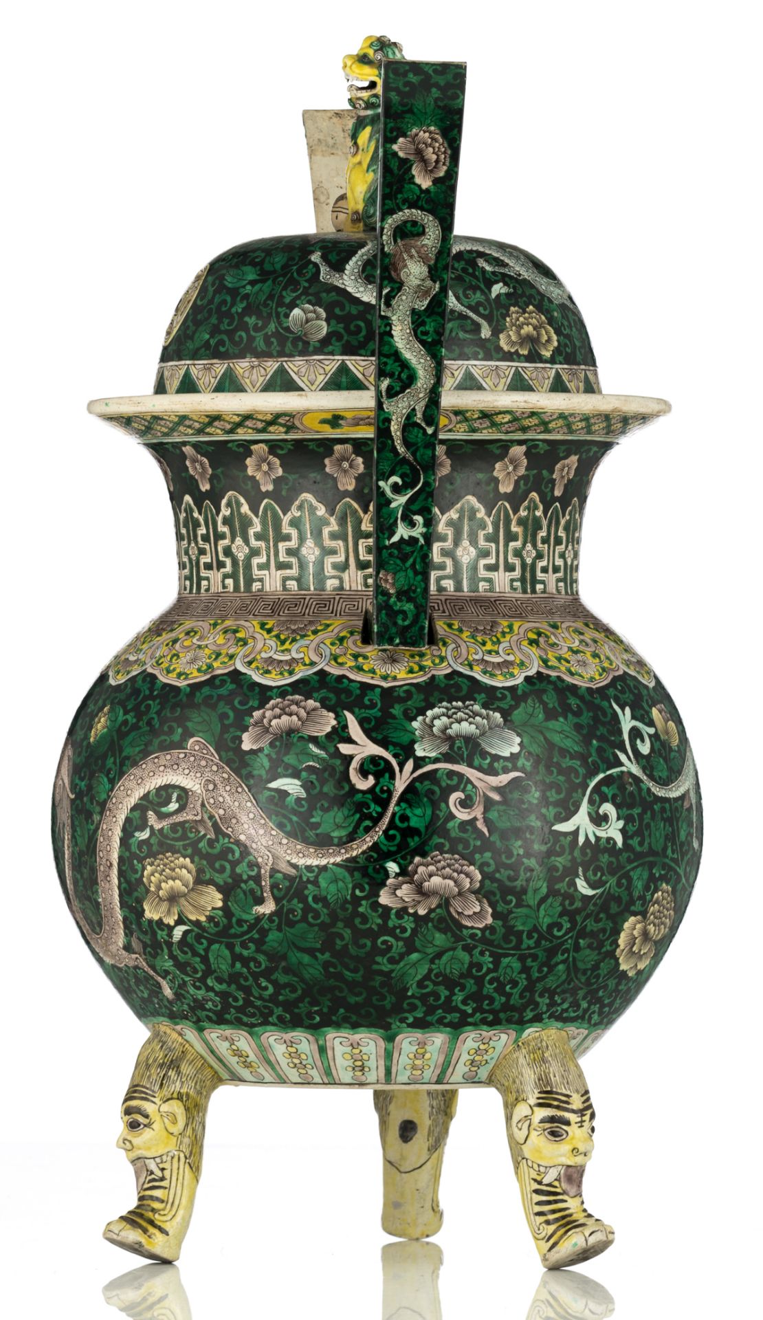 A Chinese tripod incense burner, famille verte decorated with dragons amongst undulating tendrils an - Image 2 of 8