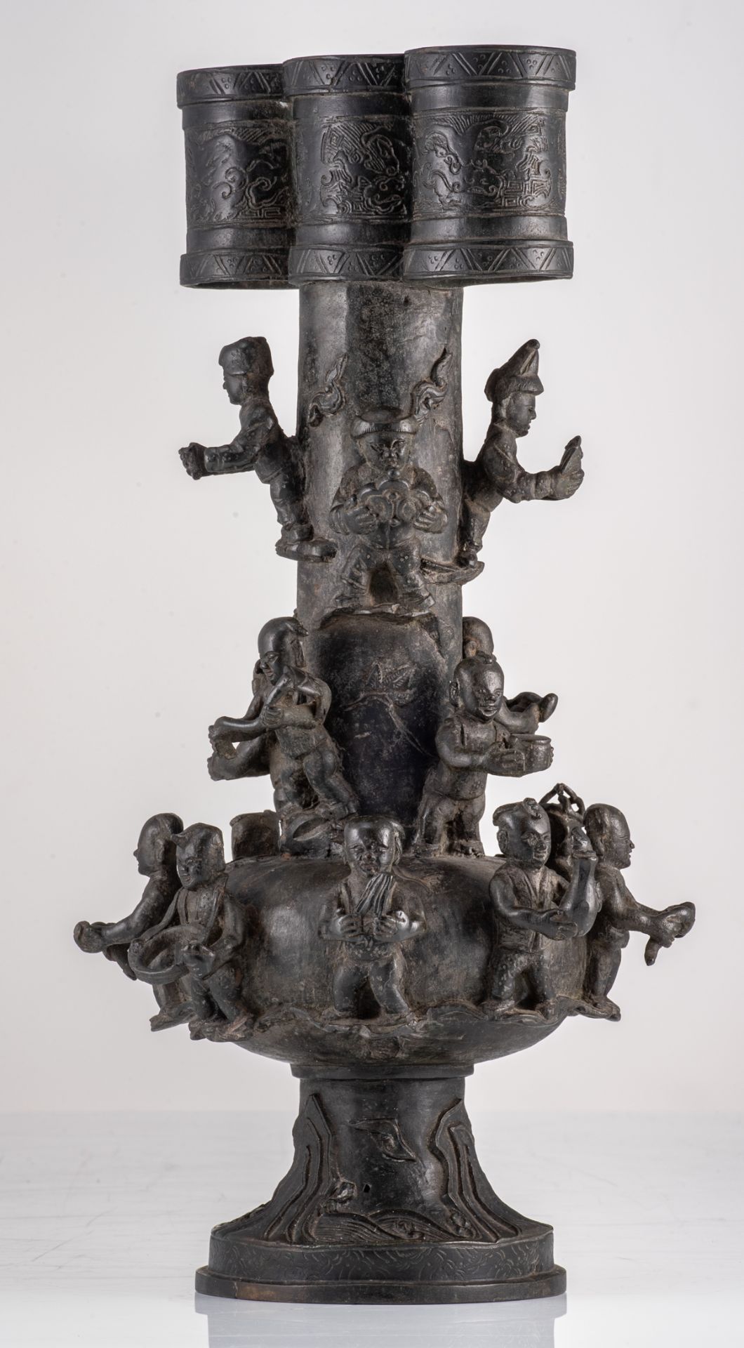 An archaic Chinese relief decorated bronze arrow vase, the body surrounded with boys, H 47,5 cm - Image 6 of 10