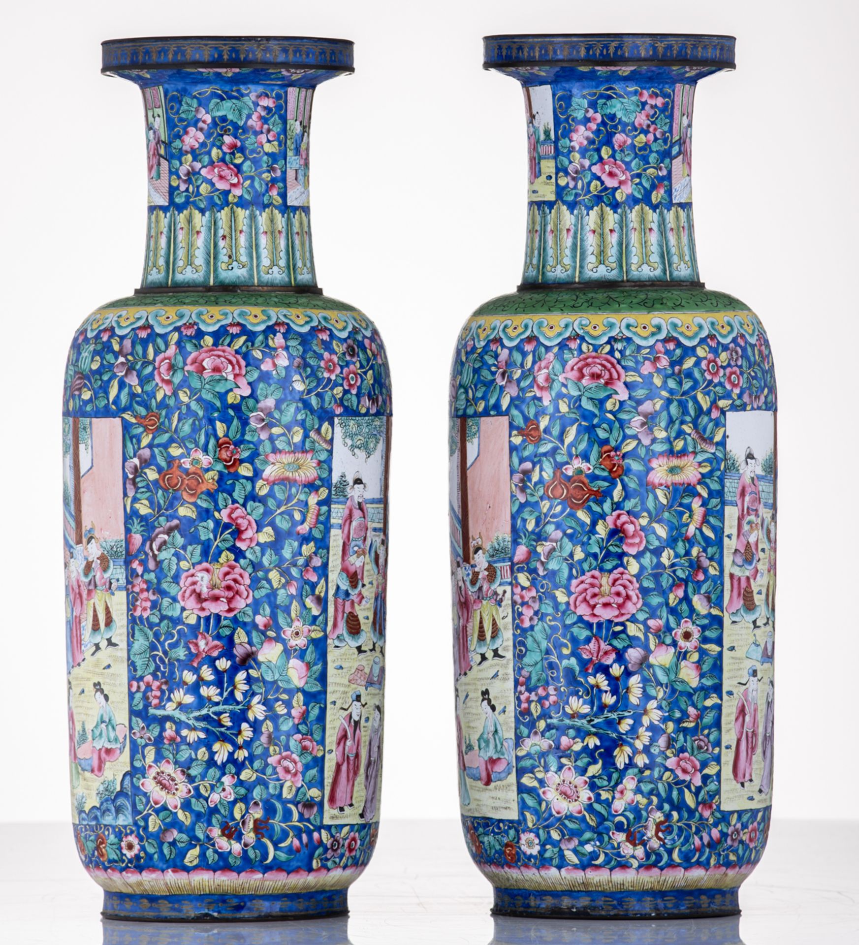 Two Chinese Canton enamel floral decorated vases, the roundels with animated scenes and dignitaries, - Image 2 of 6