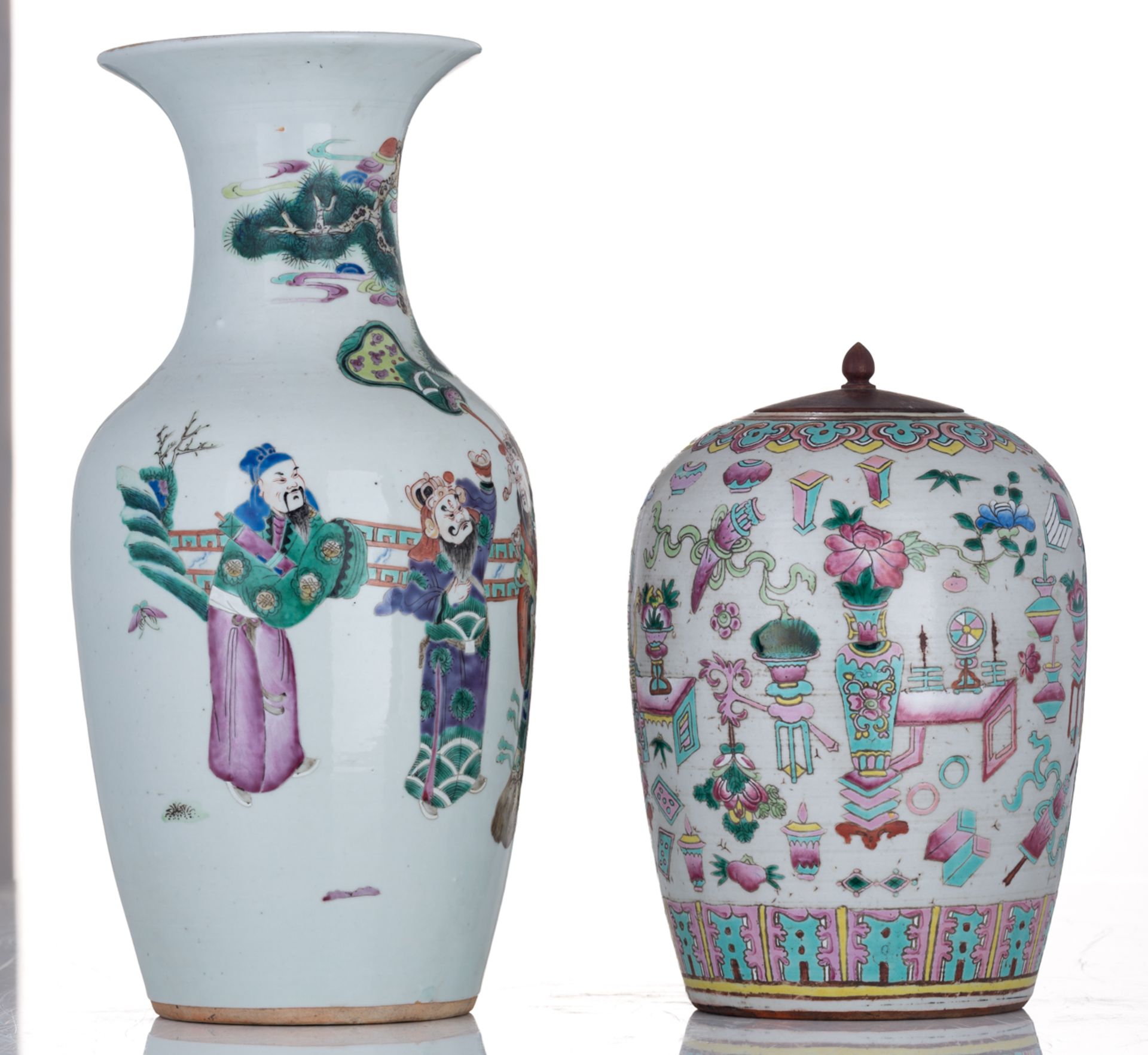 A Chinese famille rose vase, decorated with an animated scene, the back with bats and butterflies; a - Image 4 of 6