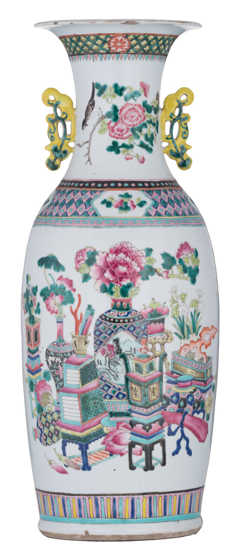 A Chinese famille rose vase, decorated with peacocks, flower branches, butterflies and antiquities,