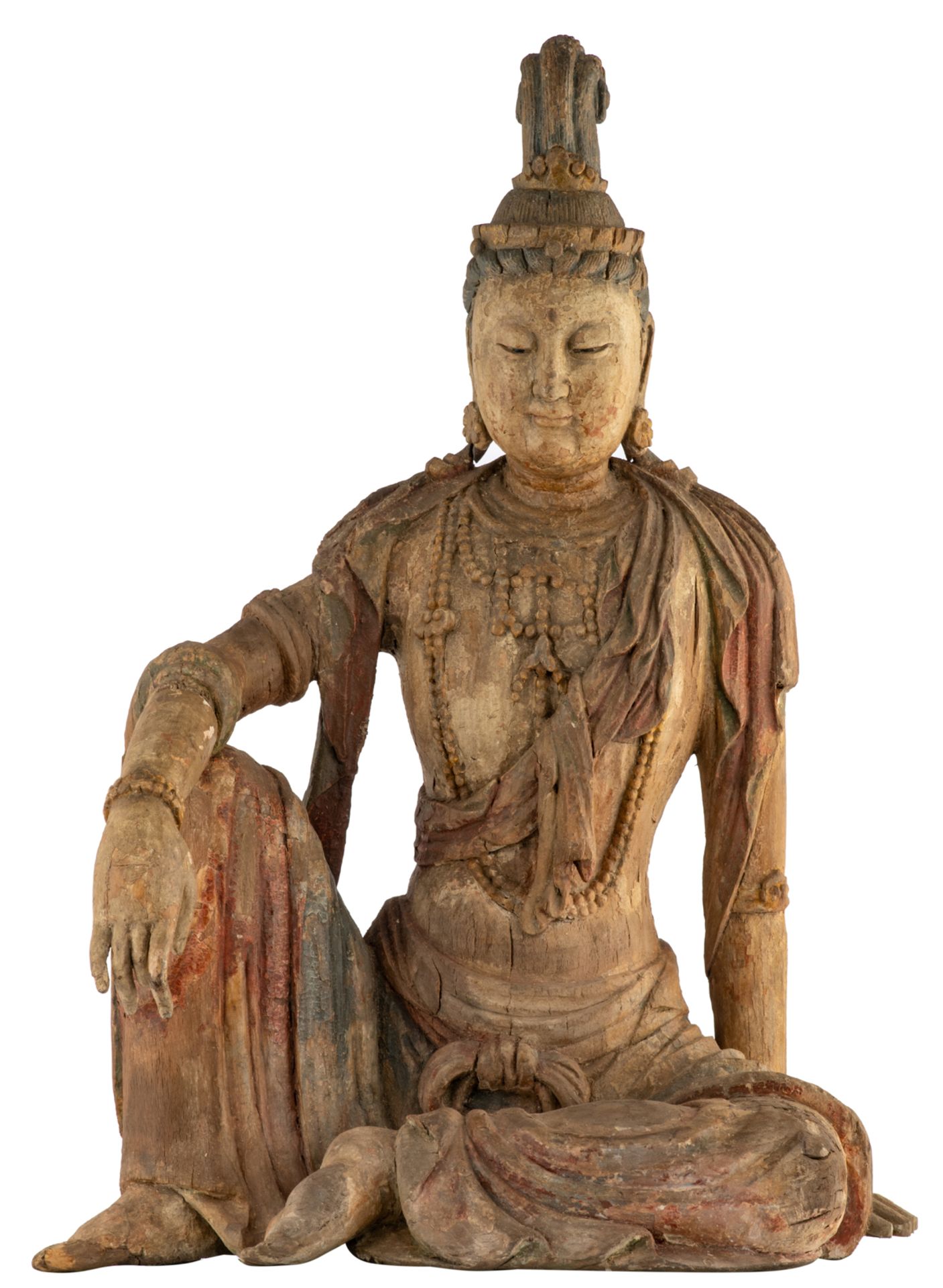 Wooden Guanyin Pusa (Sk. Avalokitesvara) sits in dawang youxizi (Sk. Maharajalilasana), 15th - 16thC