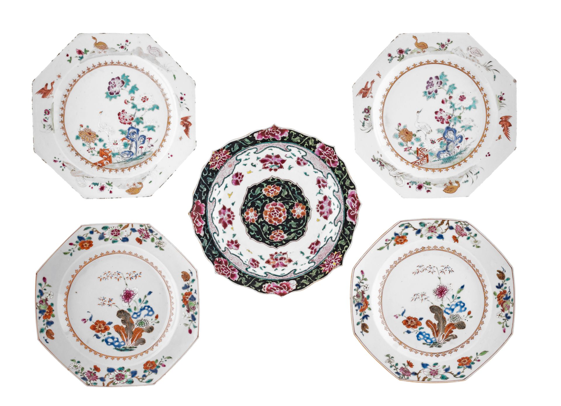 Two pairs of Chinese famille rose octagonal dishes, decorated with birds and flowers; added a ditto