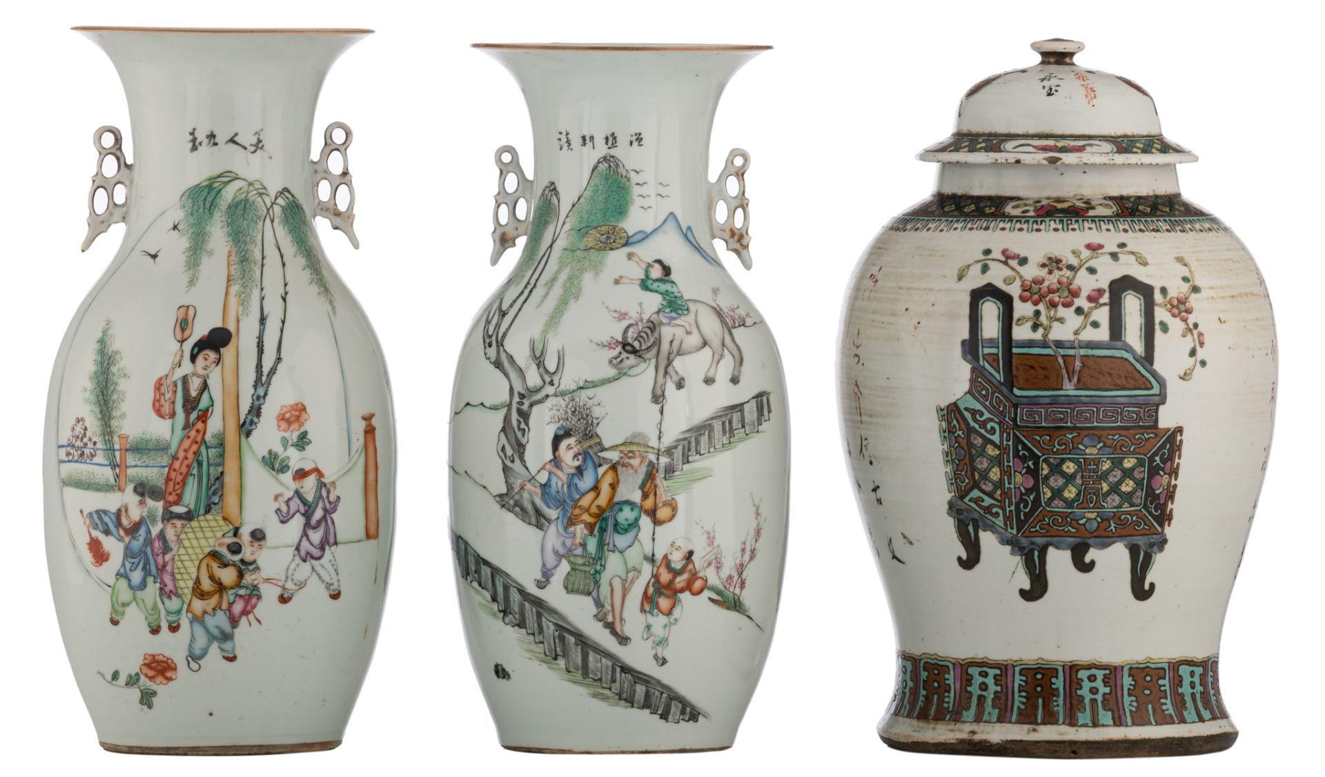 Two Chinese famille rose vases, one vase decorated with playing children, the other vase decorated w