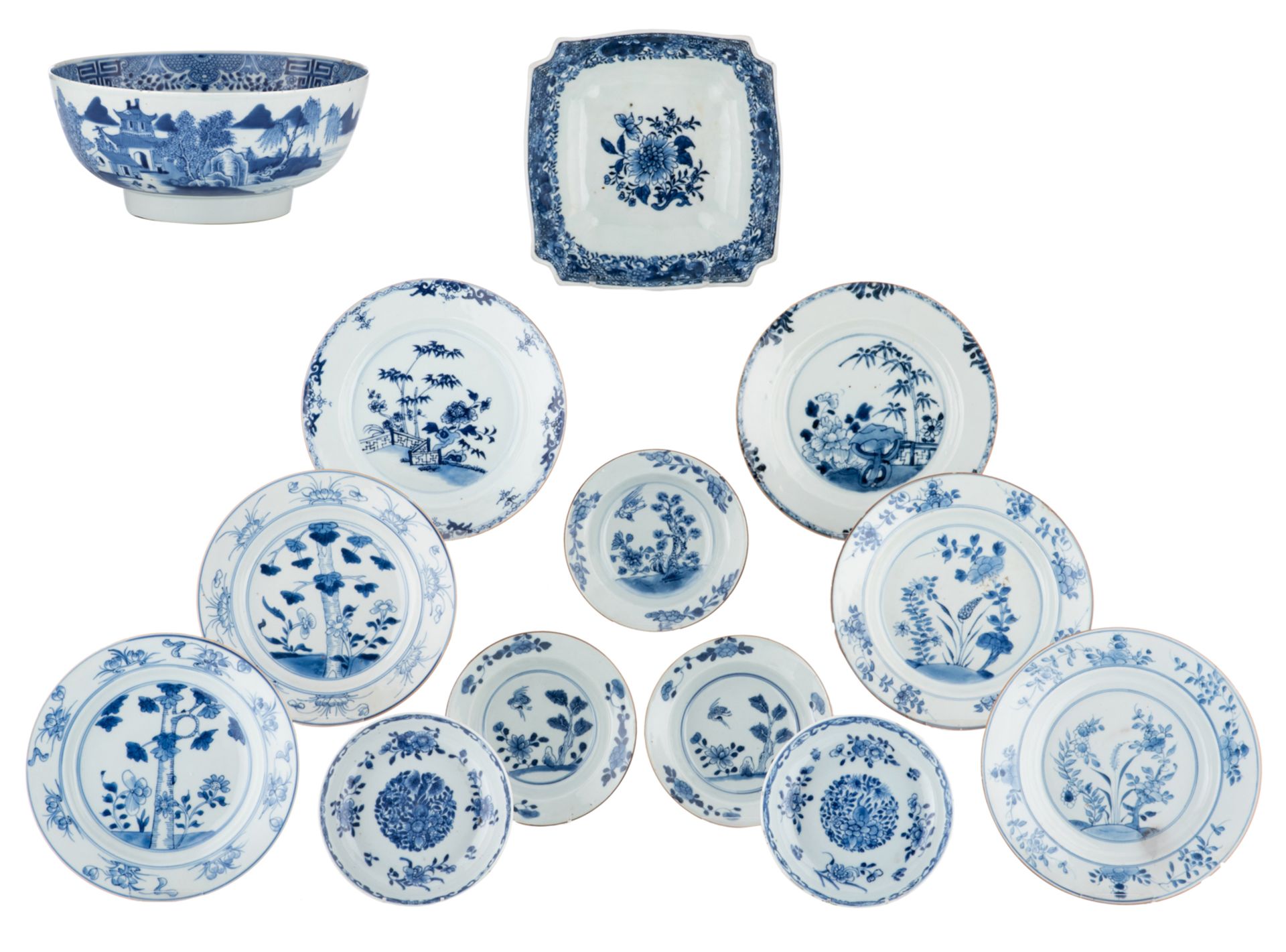 Two Chinese blue and white floral decorated bowls and a lot of various ditto dishes, some Kangxi and