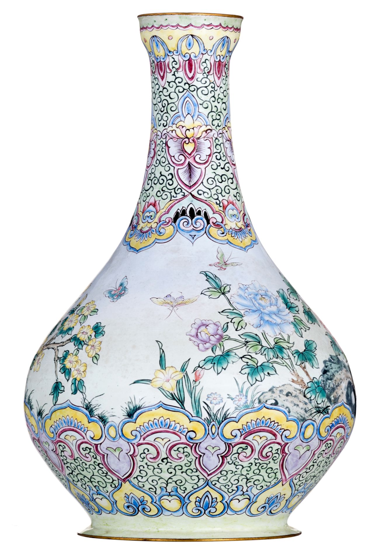 A Chinese Canton enamel bottle vase, decorated with rocks, flowers and butterflies, H 29 cm
