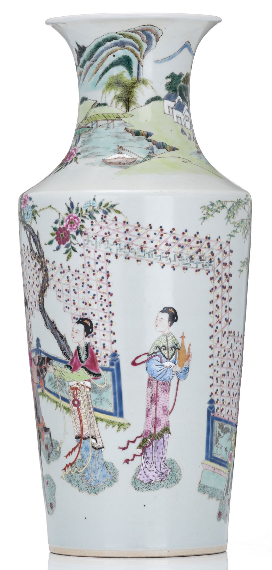 A Chinese famille rose vase, decorated with a horse riding lady accompanied by her servants, set in - Image 2 of 6