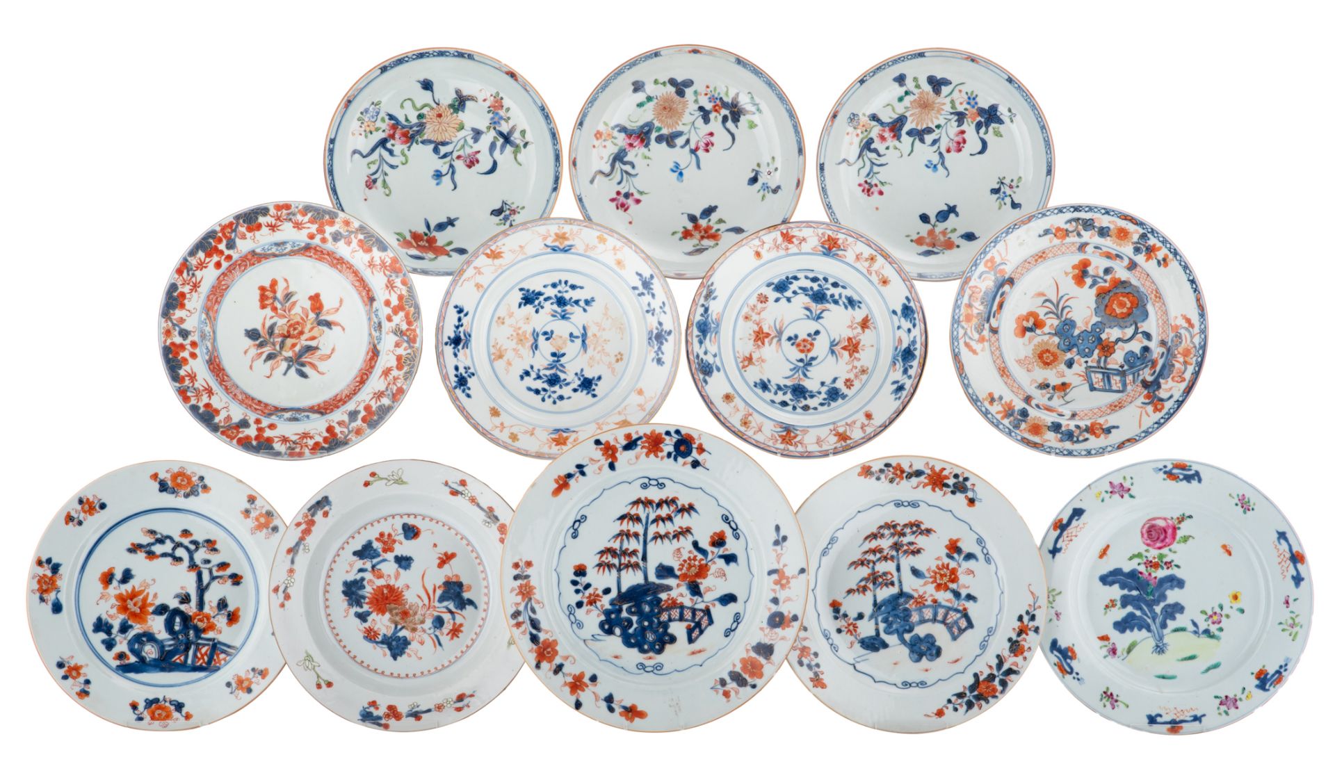 A lot of various Chinese floral decorated famille rose and Imari dishes, 18thC, ø 22 - 25,5 cm