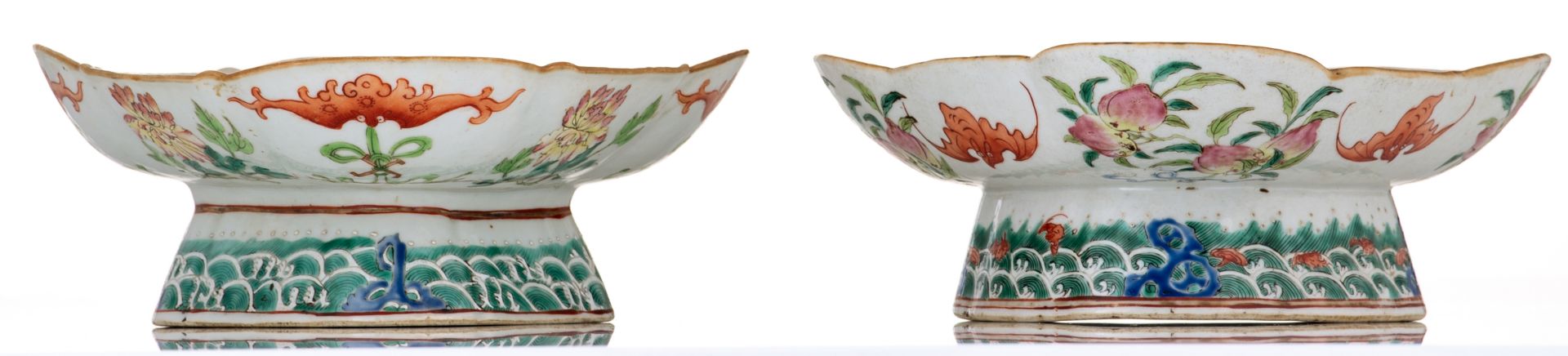 Two Chinese famille rose and polychrome footed plates, decorated with flowers, bats and auspicious s - Image 3 of 9