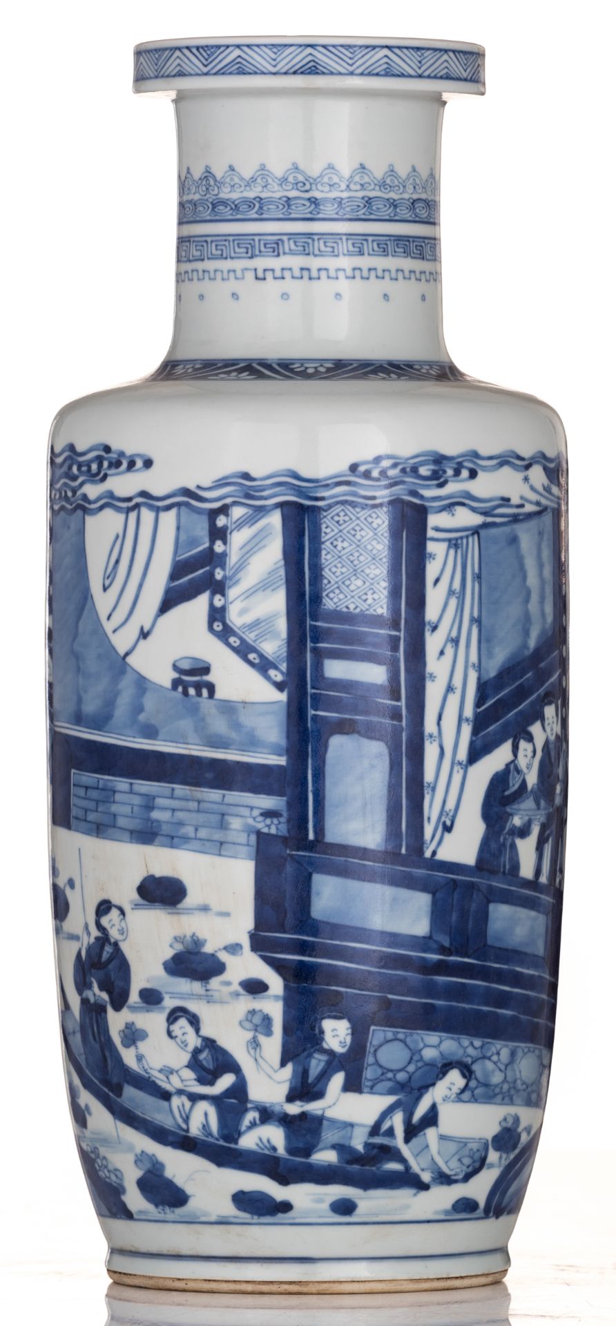 A Chinese blue and white rouleau vase, decorated with an official, his wife and servants sitting in - Image 4 of 6