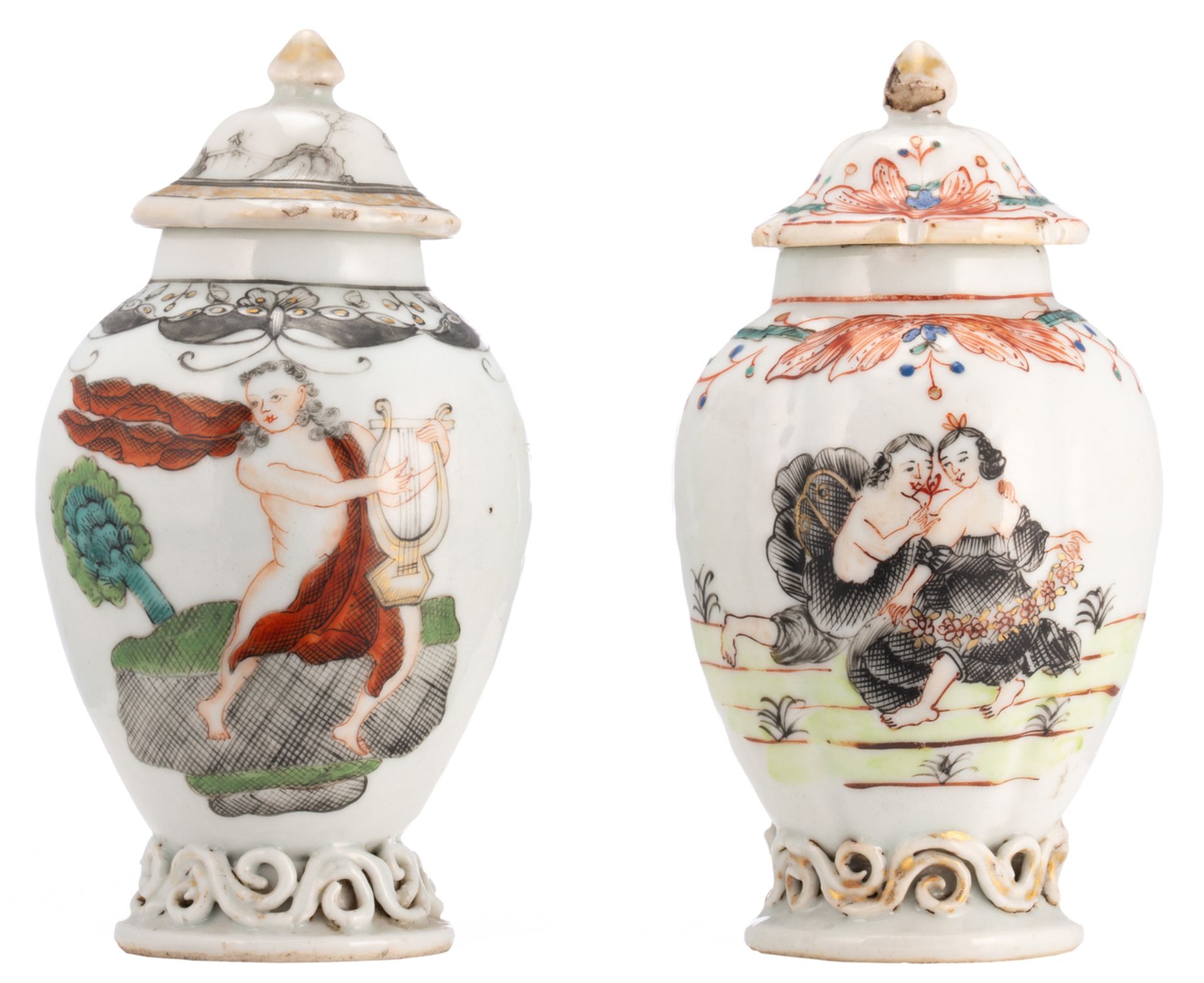 Two Chinese famille rose, grisaille and gilt export porcelain tea caddies and covers, decorated with