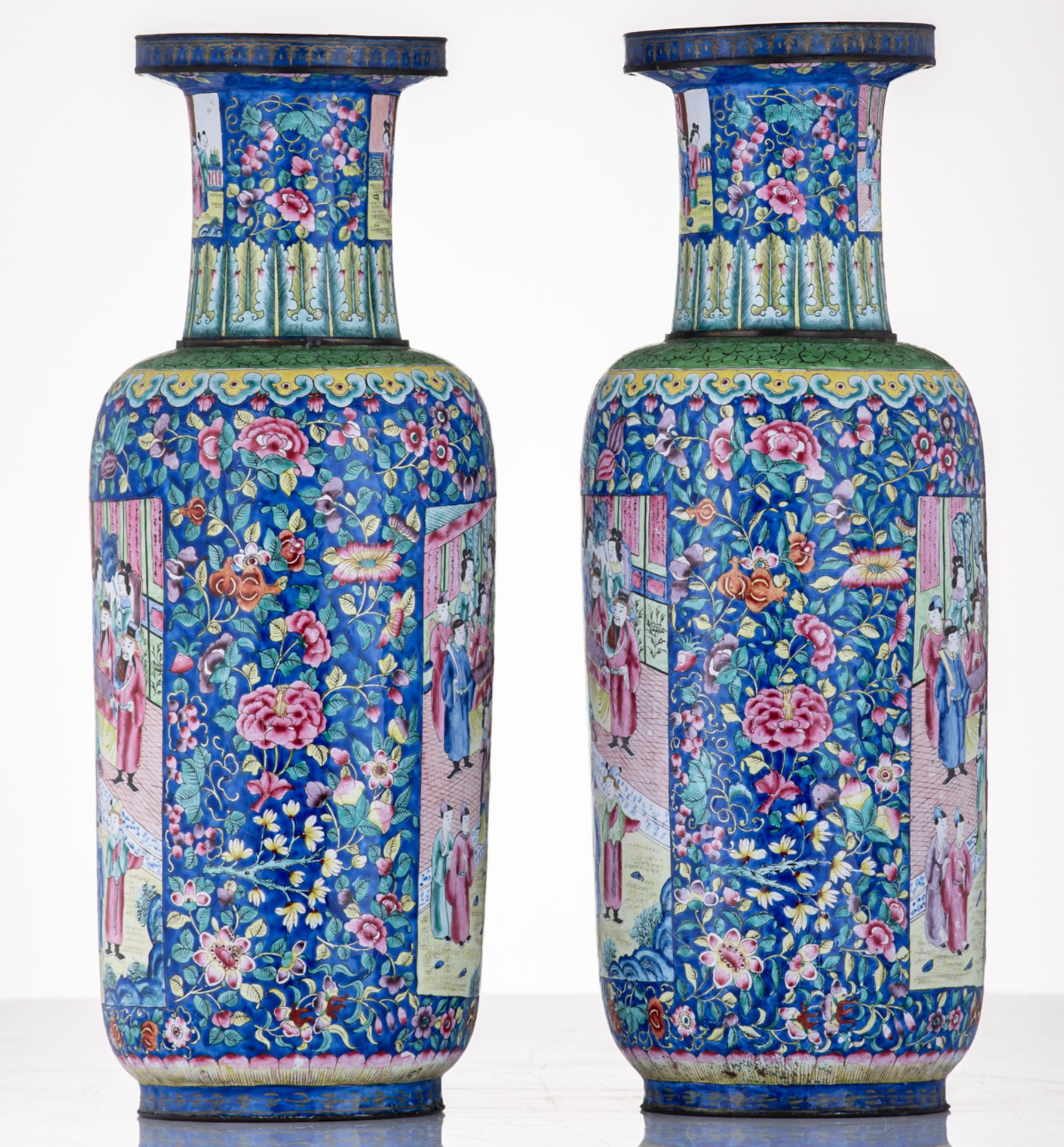 Two Chinese Canton enamel floral decorated vases, the roundels with animated scenes and dignitaries, - Image 4 of 6