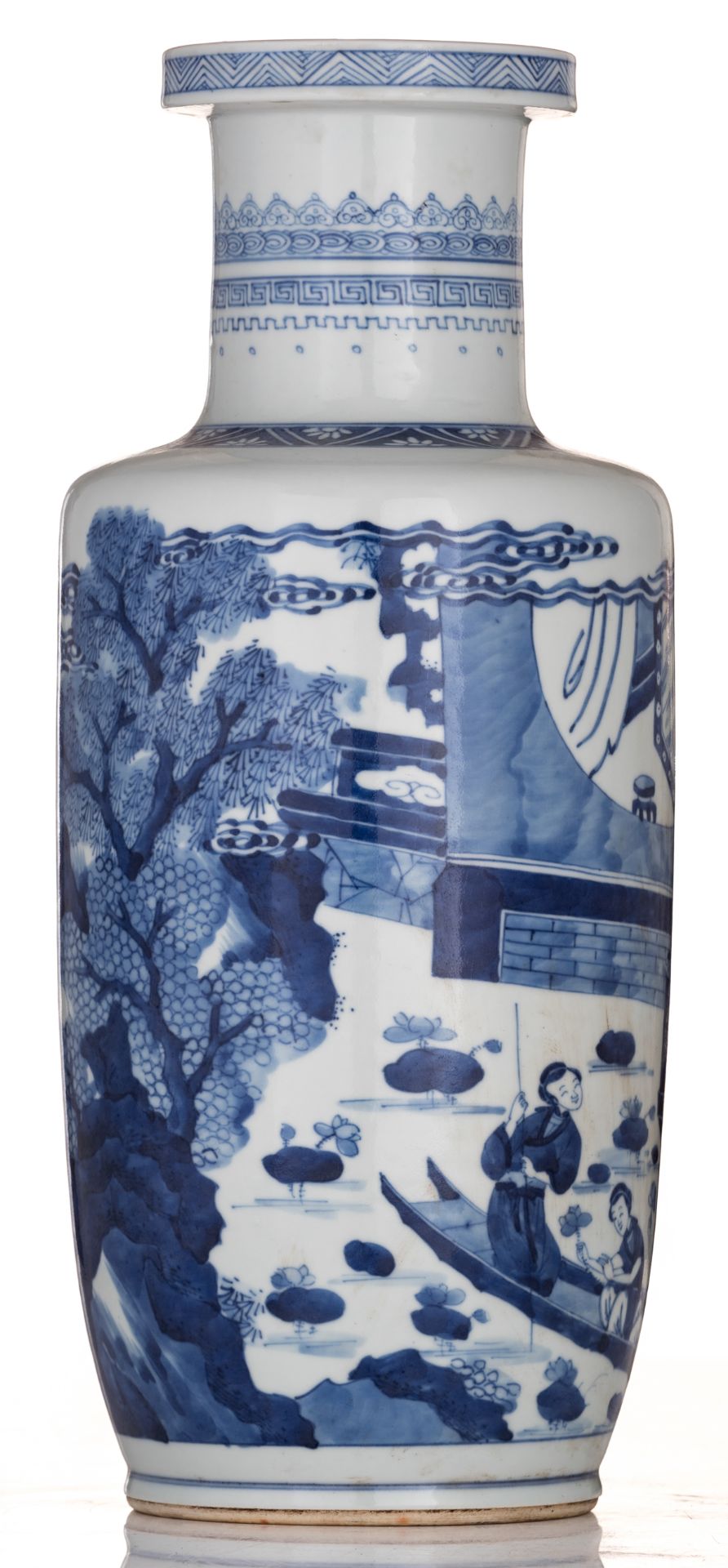 A Chinese blue and white rouleau vase, decorated with an official, his wife and servants sitting in - Image 3 of 6