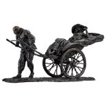 Illegibly signed, the memsahib making a tour in her rickshaw, patinated bronze, H 52 - W 94 - D 40 c