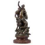 Clodion, a bacchanal, green patinated bronze on a rouge imperial marble base, H 77 (without base) -