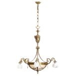 A brass Belle Epoque chandelier with an alabaster bowl and frosted glass light shades, H 95 cm - ø 9