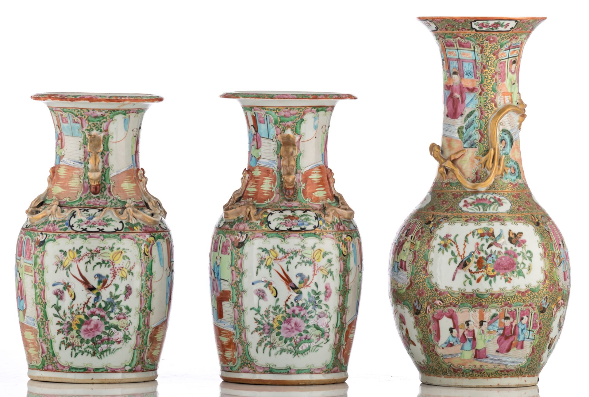 A Chinese famille rose Canton bottle vase, decorated with court scenes, birds and flower branches, - Image 2 of 6