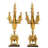 A rare pair of late 19thC high quality gilt bronze candelabras on a rouge imperiale marble base, H 8