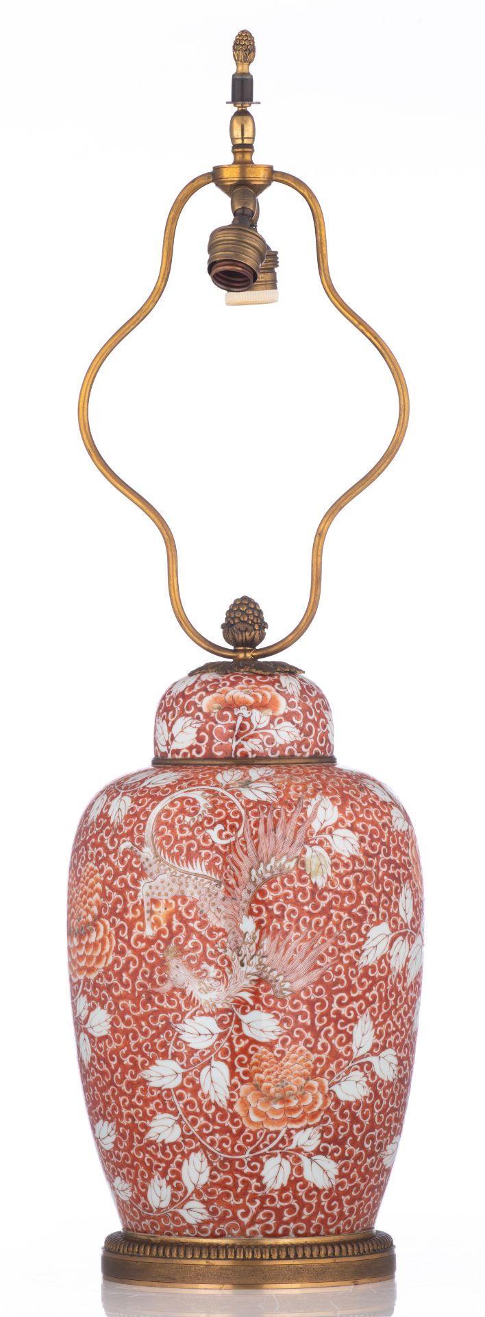 A fine Chinese orange and gilt ginger jar, decorated with flowers and phoenix, transformed into a la