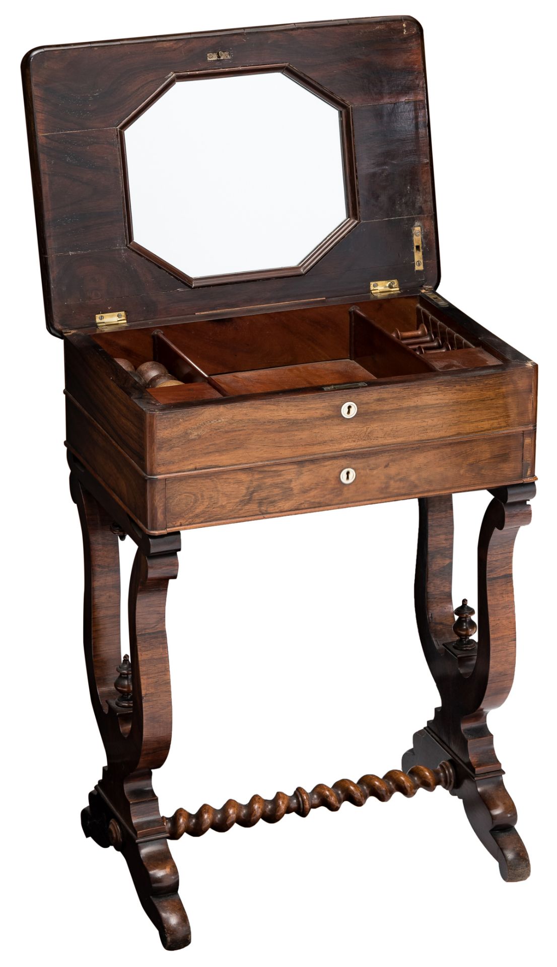 A rosewood veneered Biedermeier lady's needle working table, with bone escutcheons, inside the top w