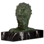 Noël L., a bust of a man, green patinated bronze on a gris des Ardennes marble base, H 38 - W 45 - D