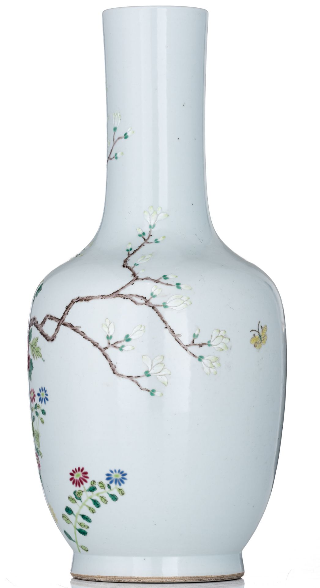 A Chinese famille rose begonia shaped vase, decorated with flower branches and butterflies, H 49 cm - Bild 2 aus 6