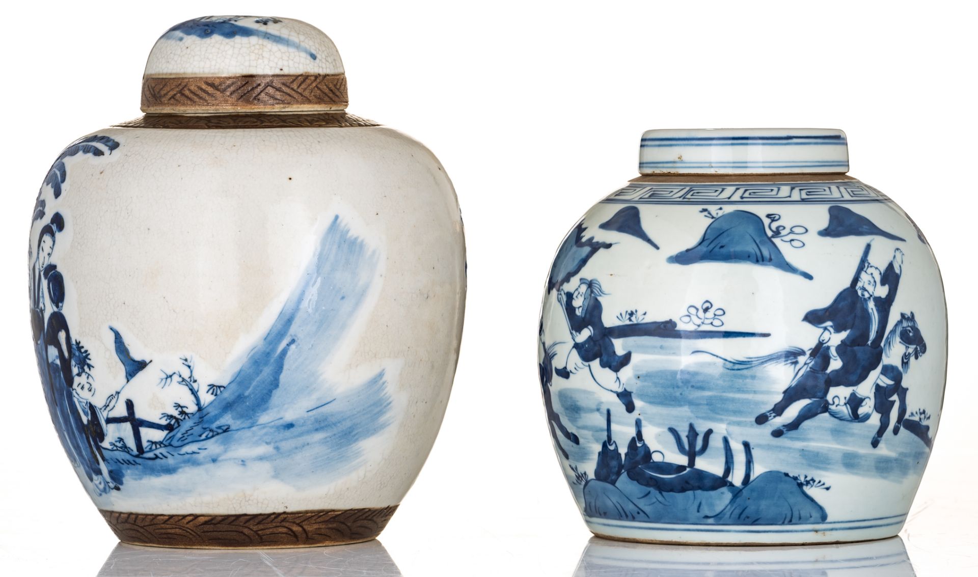 A ginger jar, blue & white decorated with a warrior scene, 18th/19thC; added a ditto stoneware jar, - Image 2 of 6