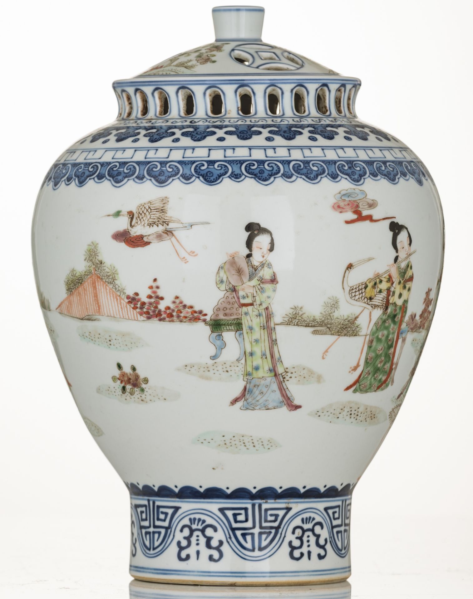 A Chinese blue and white and famille rose incense burner, decorated with a gallant garden scene, wit - Image 4 of 8