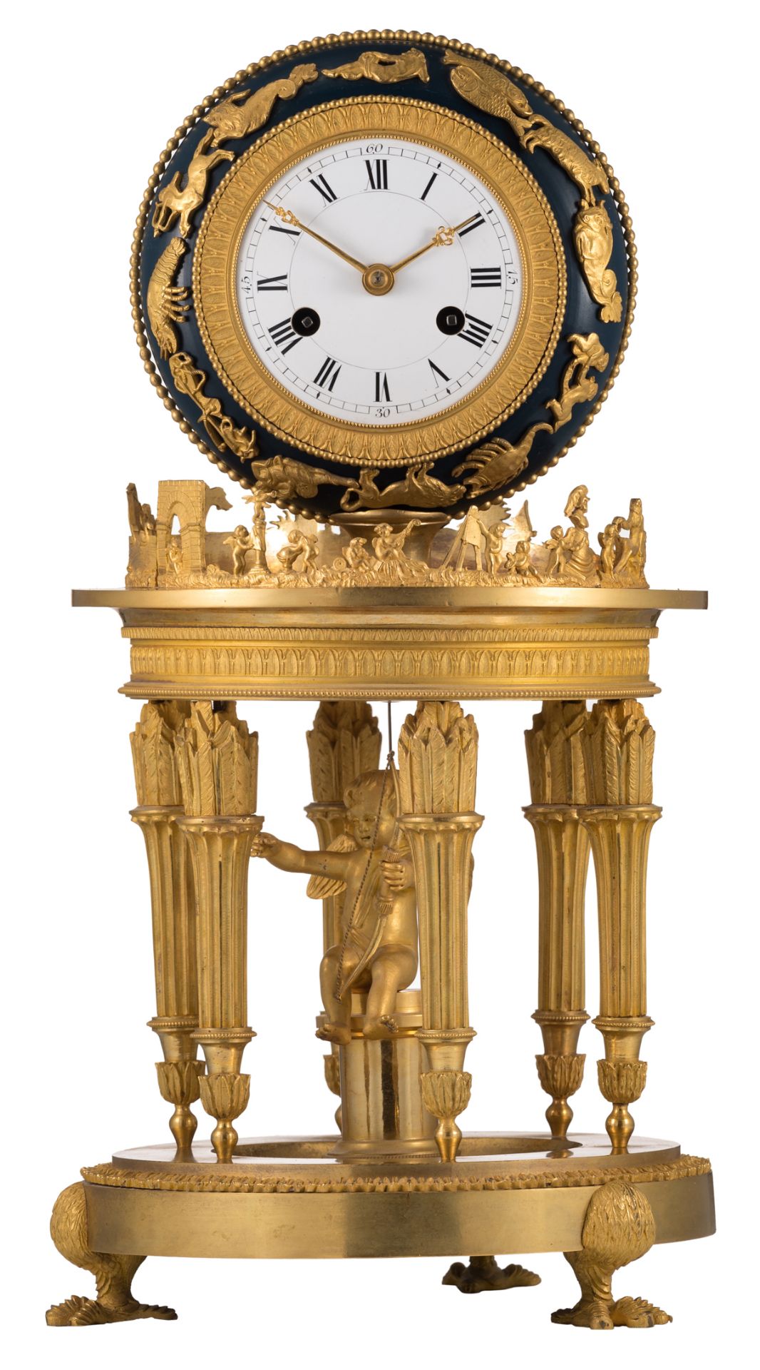 An exceptional gilt brass, bronze and enameld tin plate mantle clock, all around decorated with the