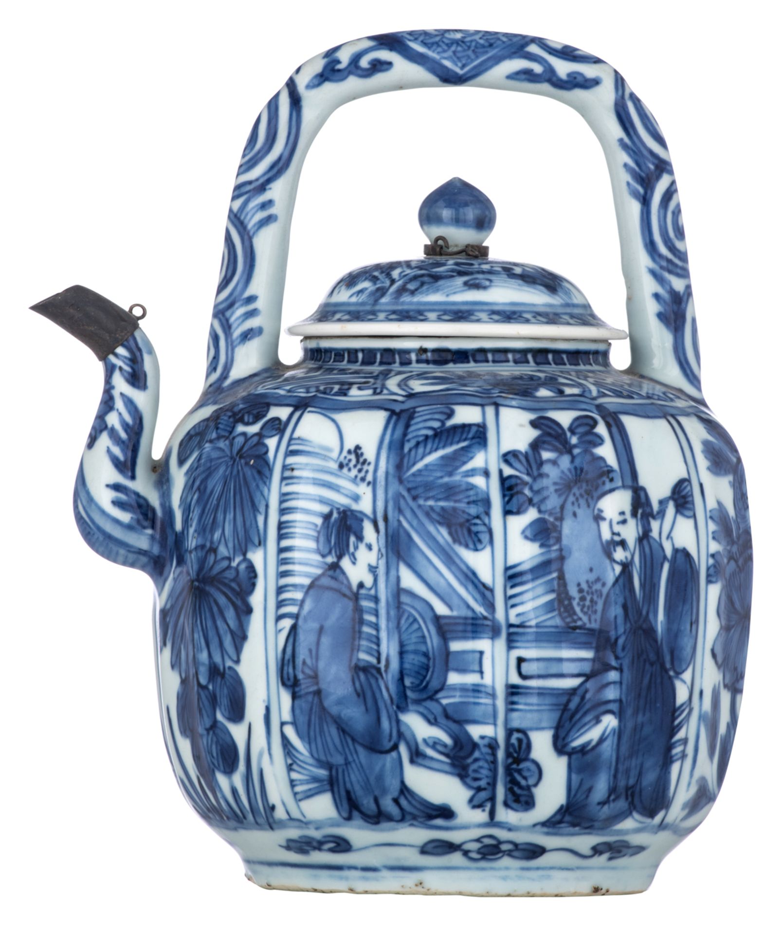 A Chinese blue and white teapot and cover, the spout with silver plated mount, Wanli period, about 1