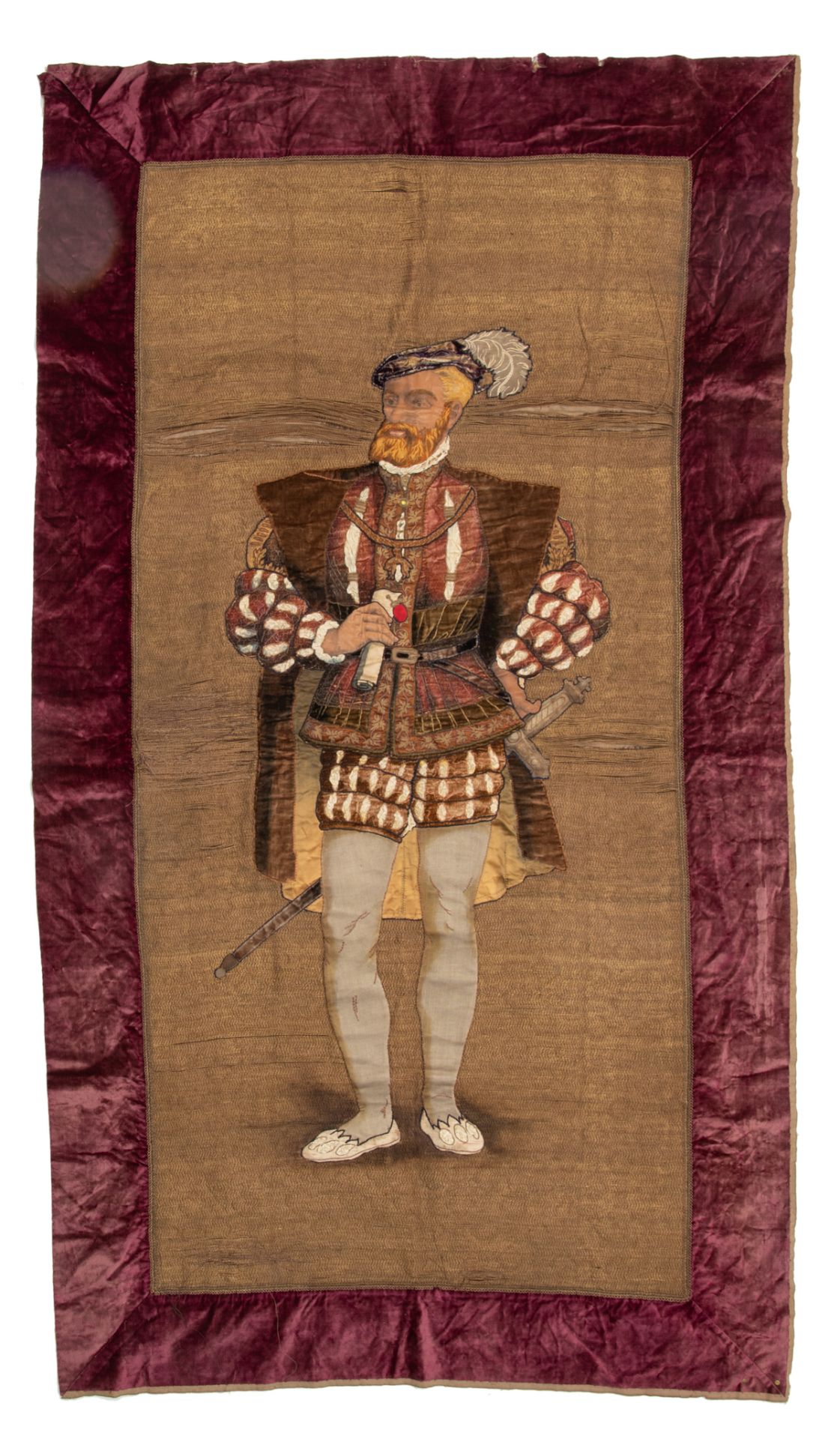 A portrait of Charles V, tapestry with details in various stitches and textiles, historism, 19thC, 1