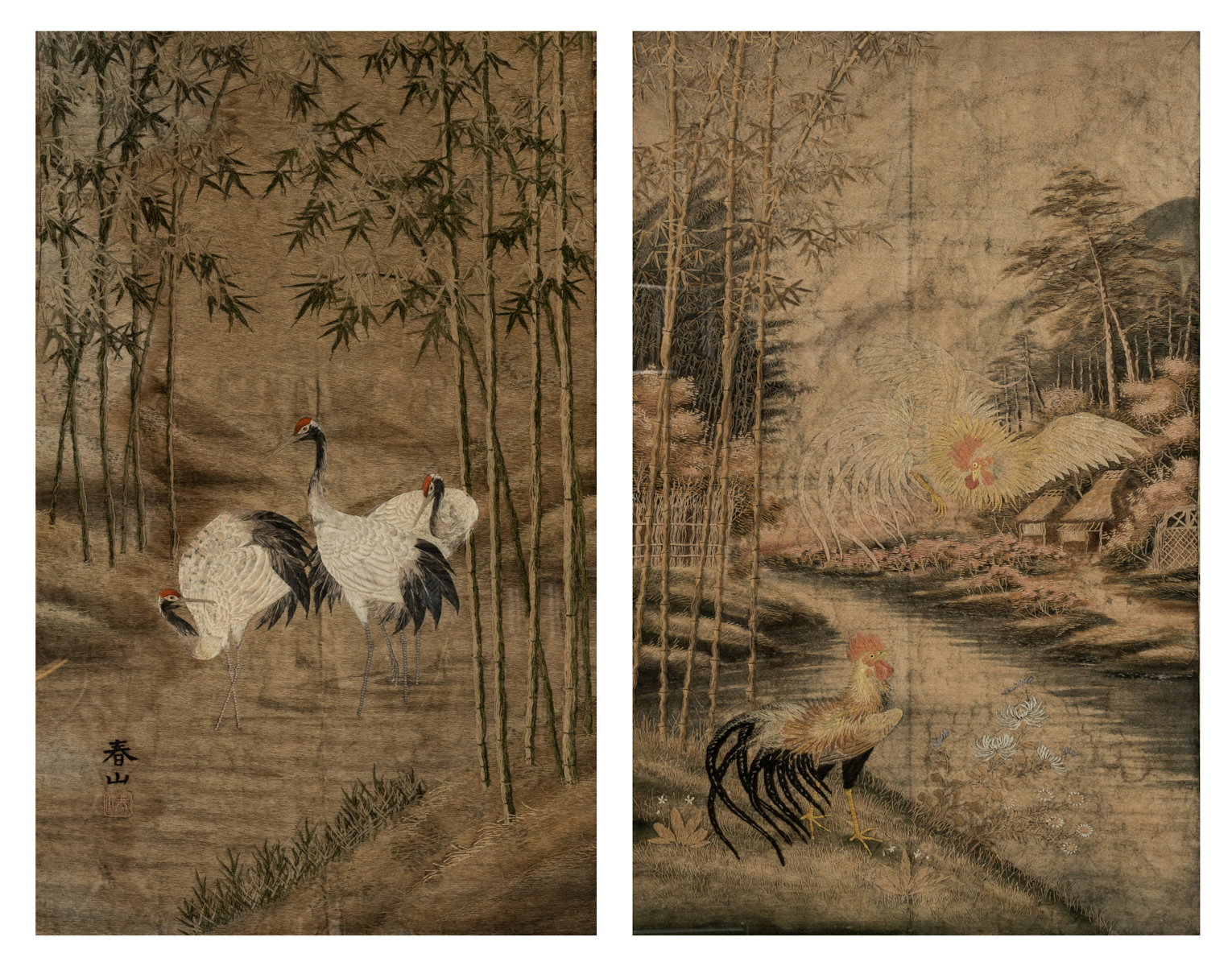 Two Japanese embroidered tapestries, one depicting cranes in a river landscape and one depicting coc