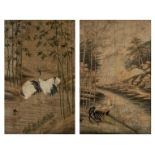 Two Japanese embroidered tapestries, one depicting cranes in a river landscape and one depicting coc