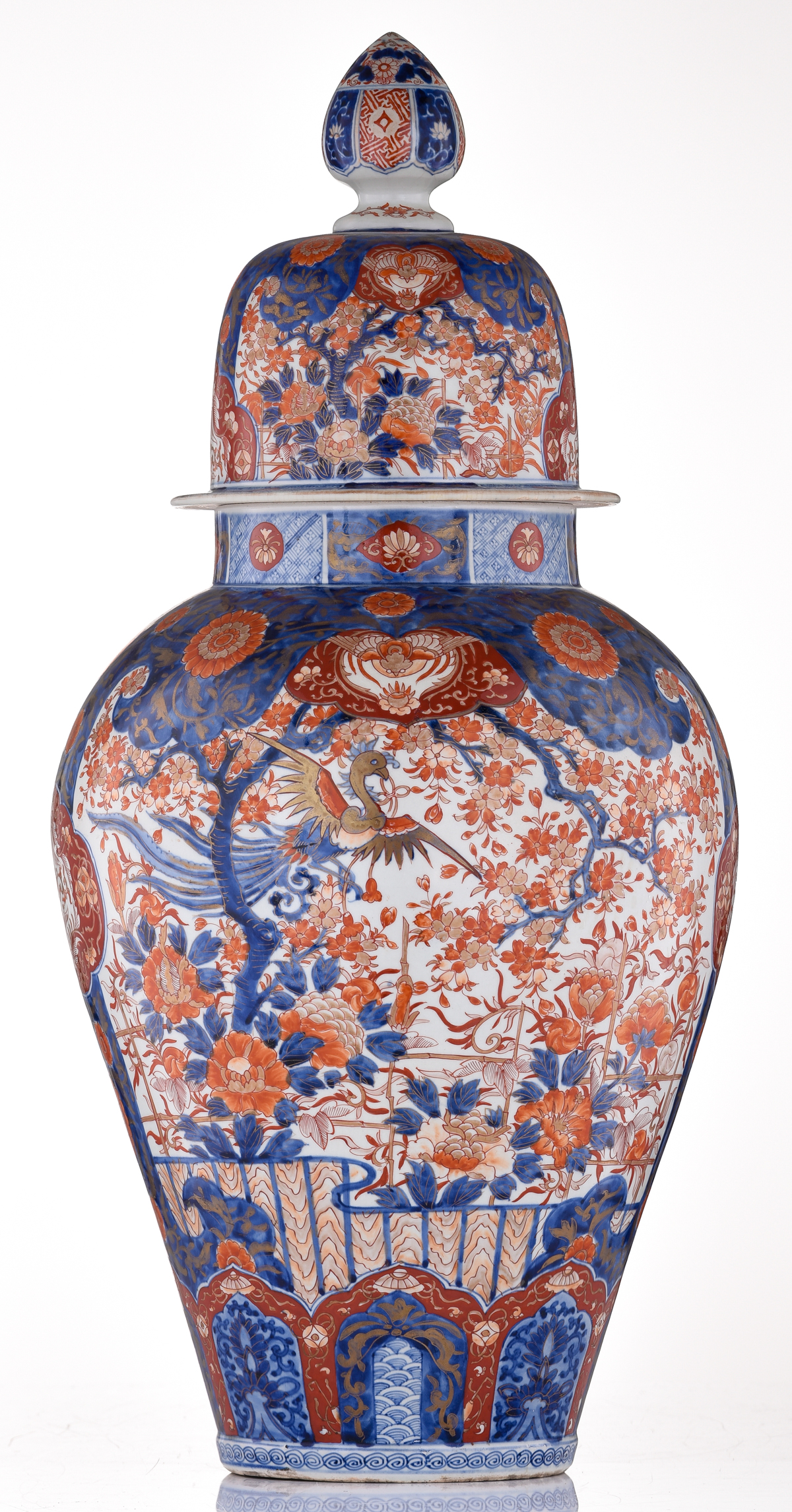 A large Japanese Arita Imari covered jar, decorated with flower sprays and with two large panels, fi - Image 4 of 7