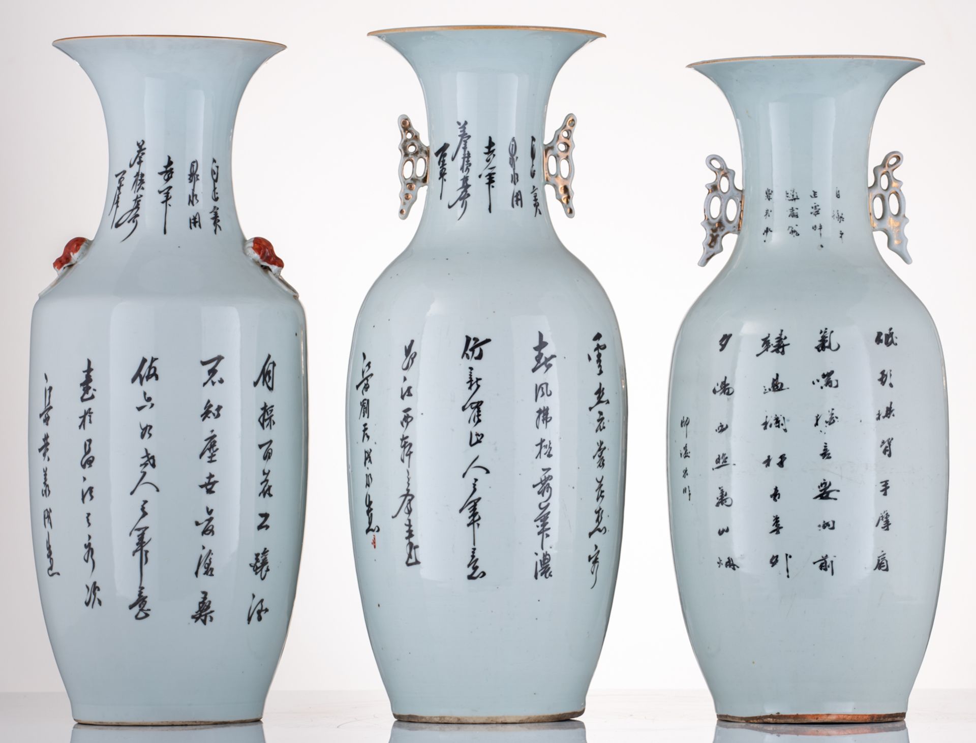 Three Chinese famille rose vases, decorated with various animated scenes with ladies, children and a - Image 3 of 6
