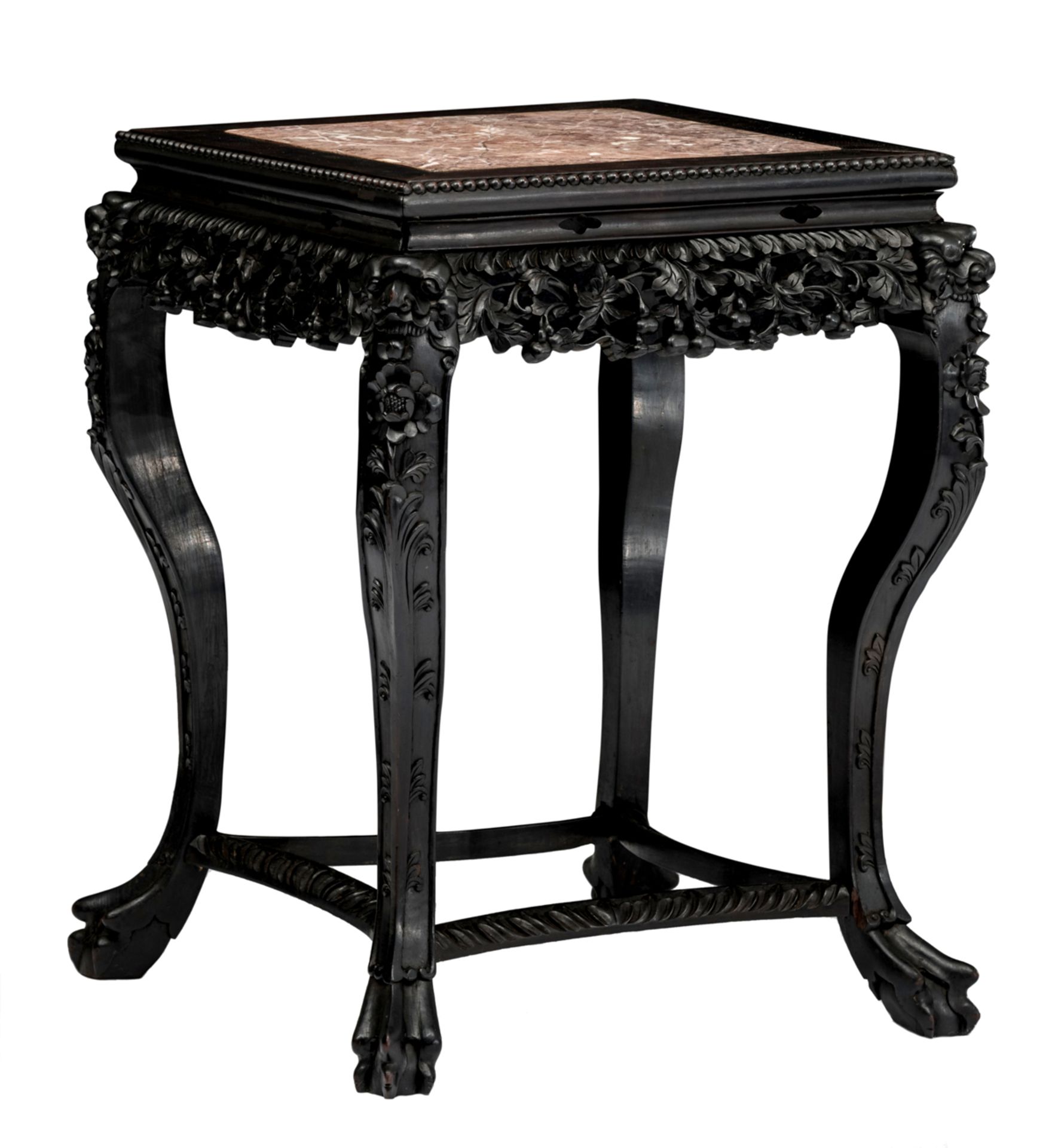 An occasional table in exotic hardwood, with a red marble top, H 80,5 - W 61 - D 61 cm