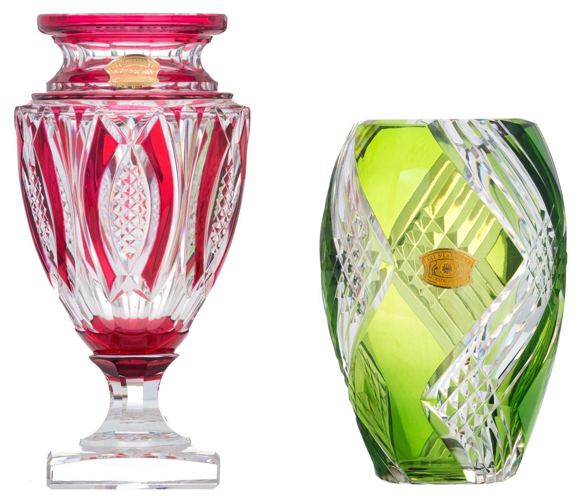 Two Val-Saint-Lambert overlay crystal vases, H 24 - 31 cm