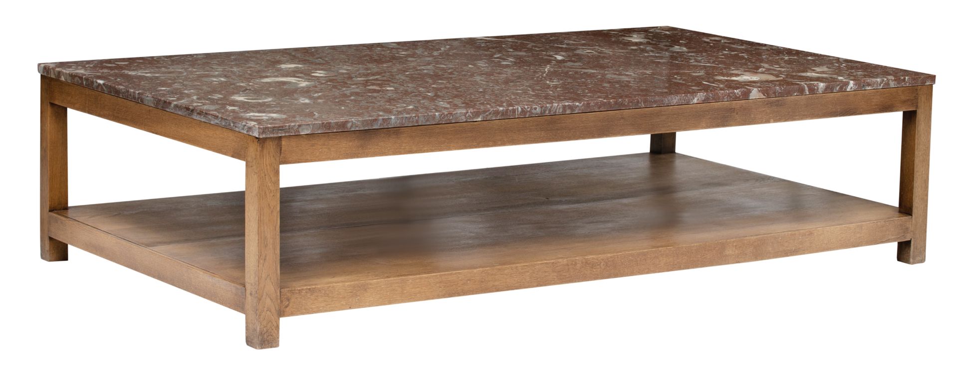 An oak coffee table with a rouge royale marble top, H 41 - W 161 - D 91 cm