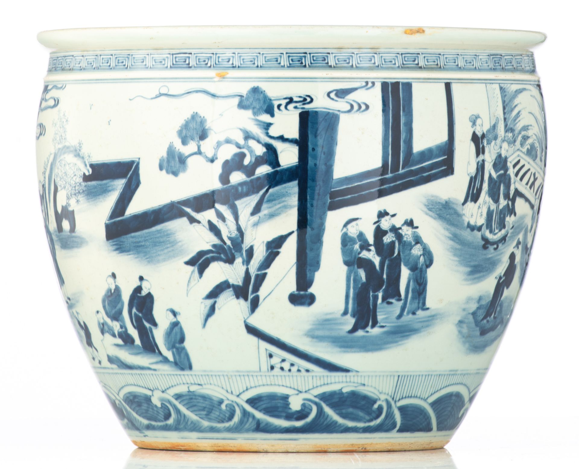 A Chinese blue and white jardiniere, decorated with daily life scenes, H 33 - ø 41,5 cm - Image 5 of 7