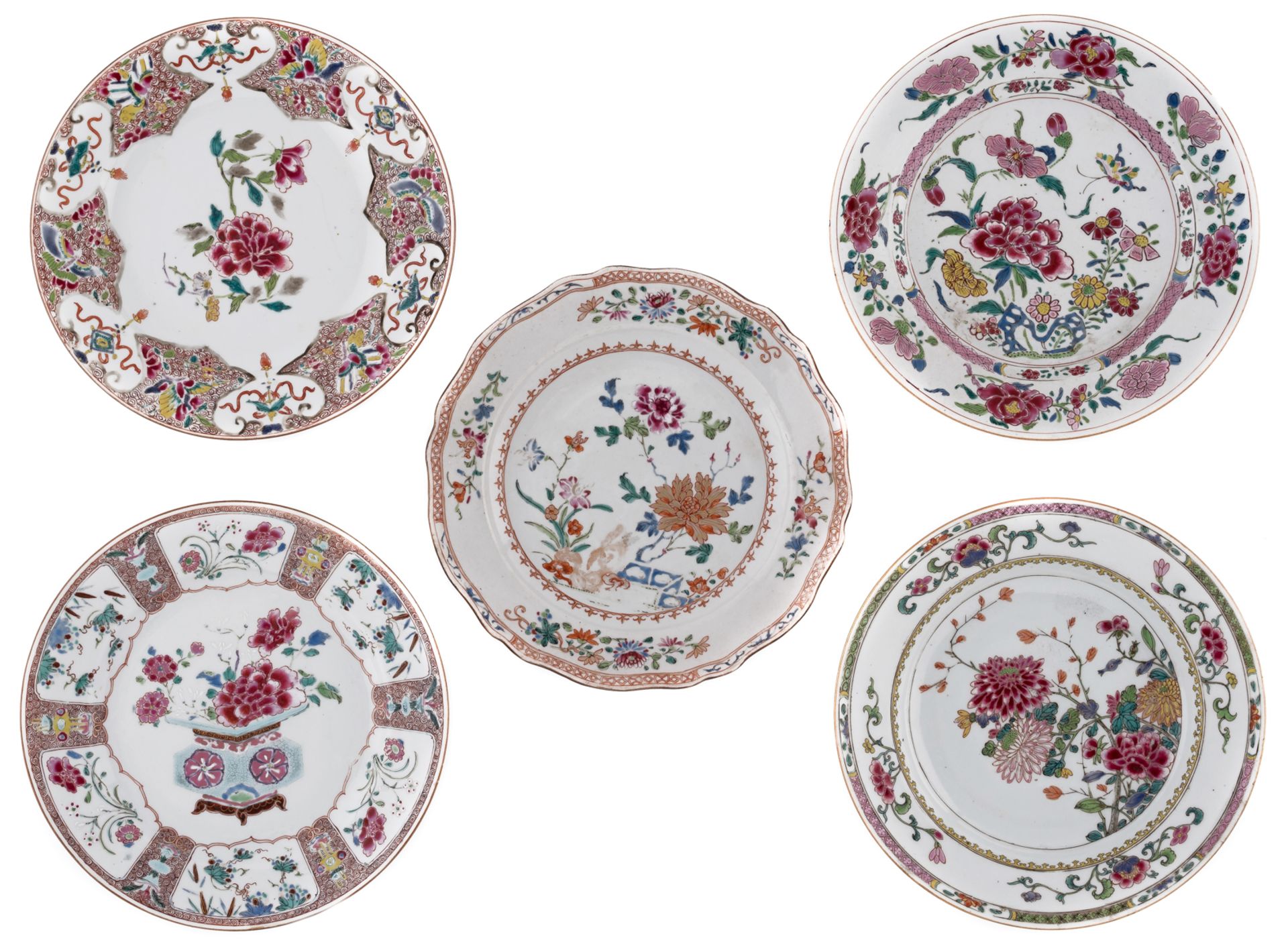Five Chinese famille rose floral decorated dishes, 18thC, ø 22,5 - 23 cm