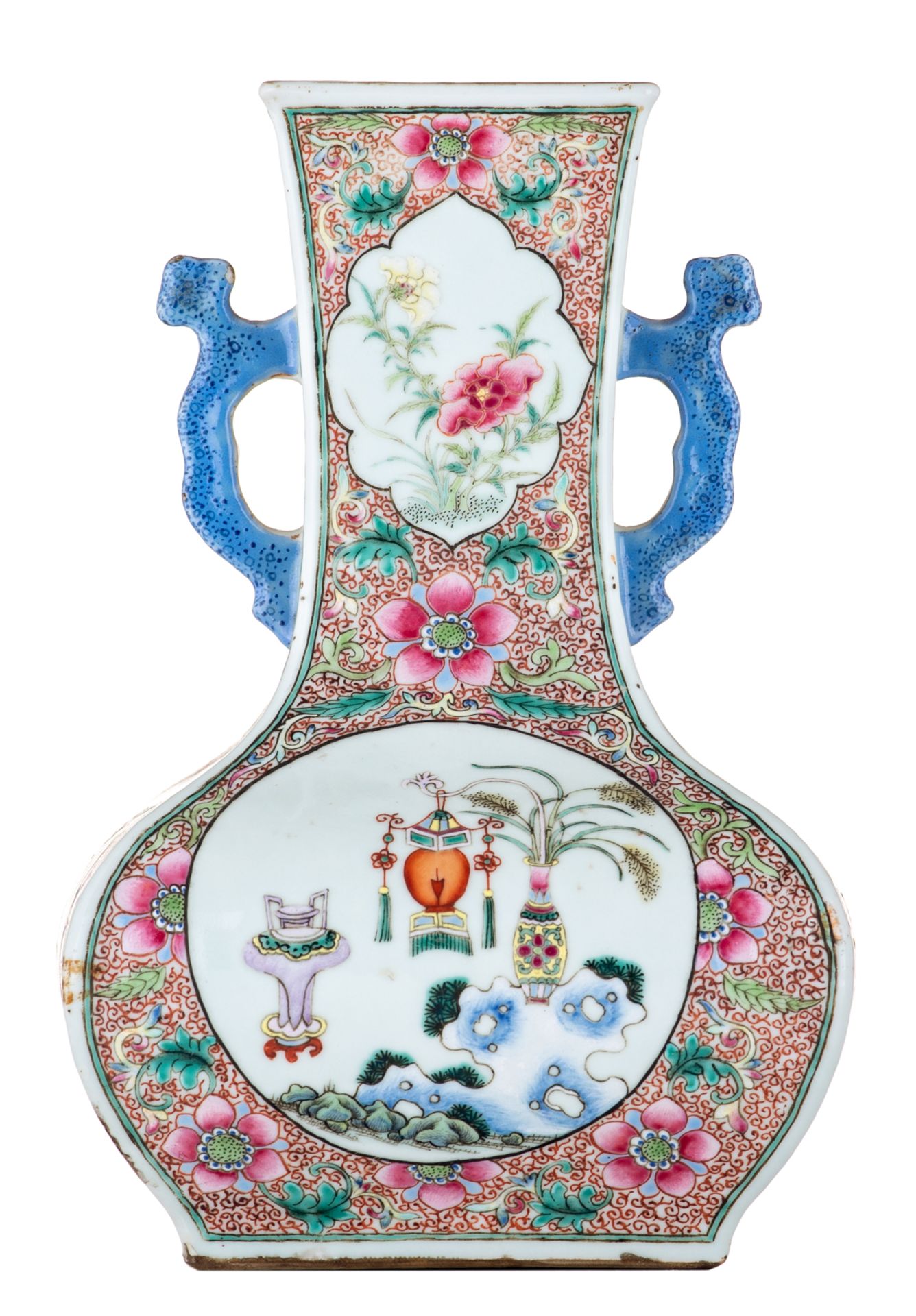 A Chinese famille rose floral decorated quadrangular bottle vase, the roundels with flower vases, la