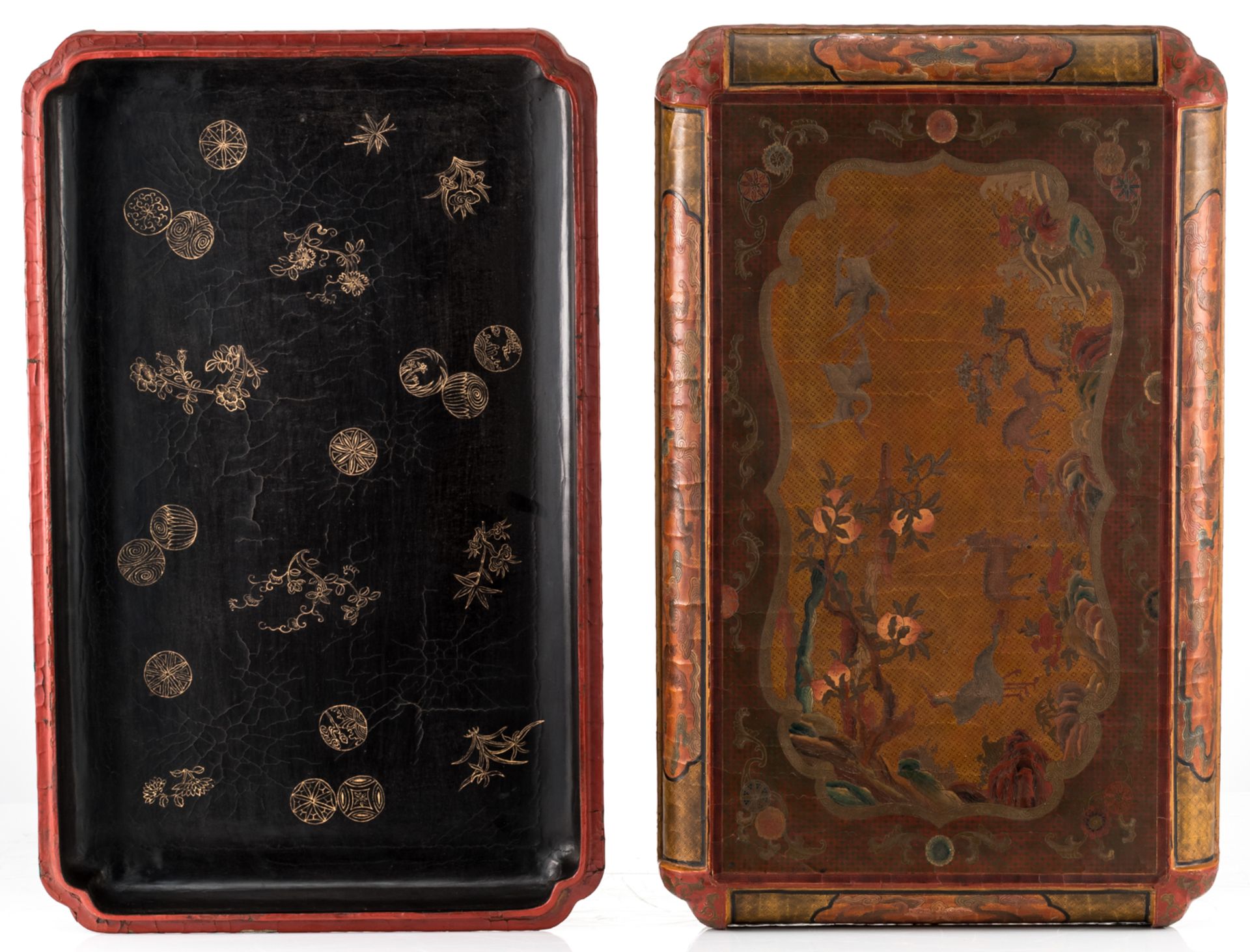 A Chinese lacquered box and cover, the top roundel decorated with deer, cranes and the nine peaches - Image 6 of 8